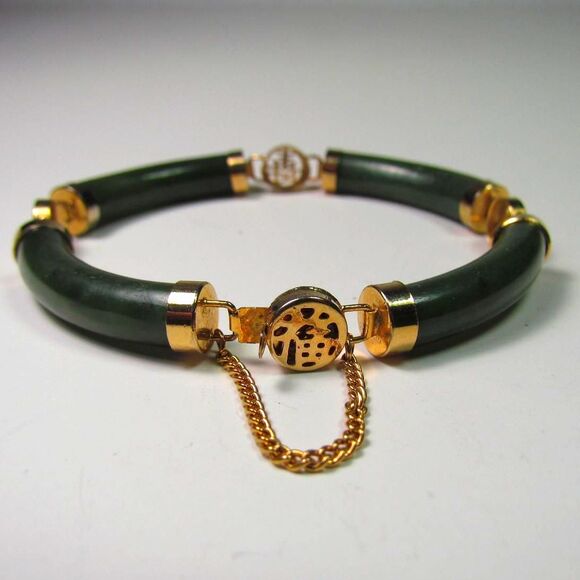 Vintage Jade and Golden Decorative Asian Style Accented Semi Bangle Bracelet - Picture 1 of 5